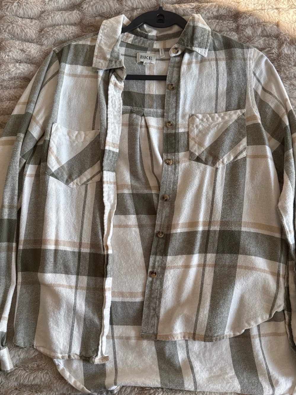 BKE Olive Green and Cream Plaid Button Down Shirt
